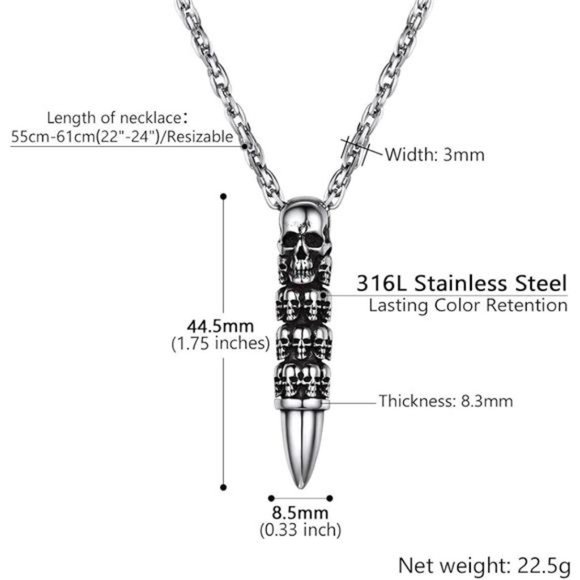 SkullBullet Necklace/Skull Feather Necklace/Skull Necklace,StainlessSteel Gothic - Picture 5 of 6